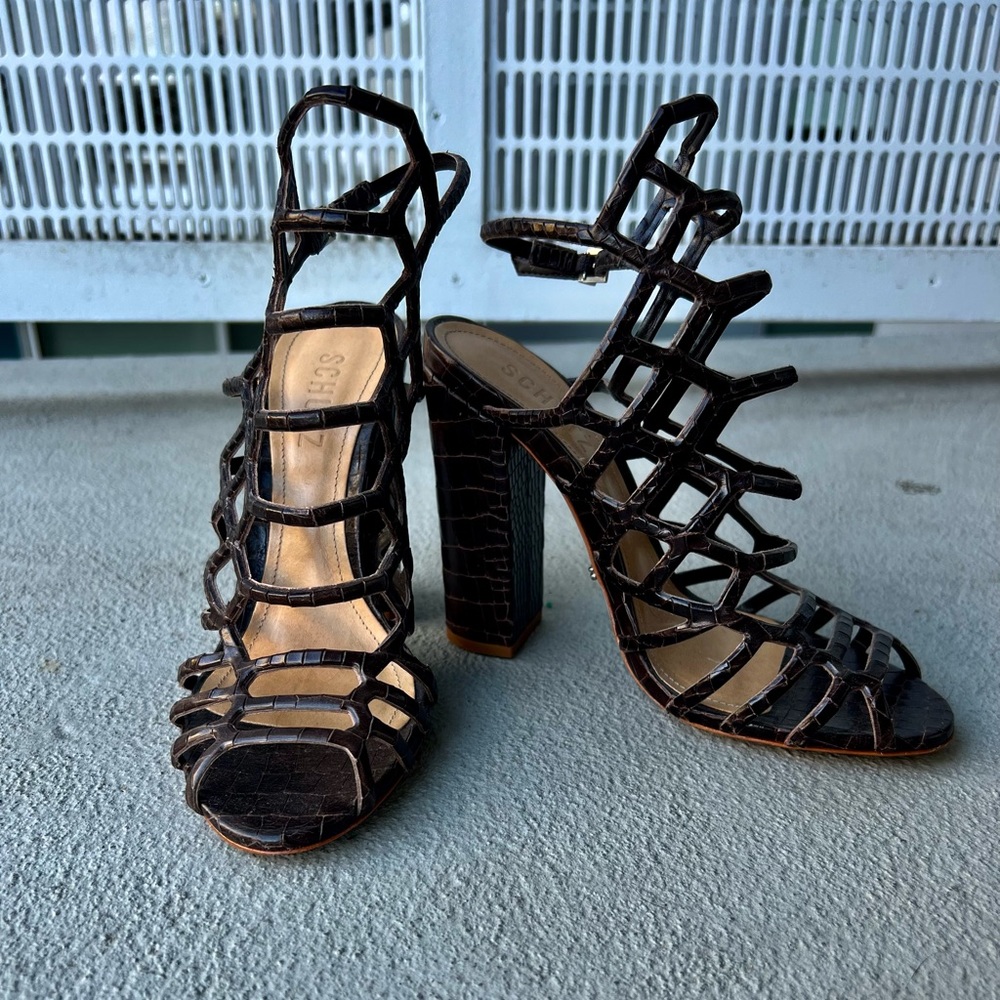 Gorgeous brown caged block heel Schutz sandals